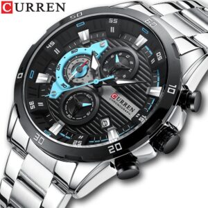 CURREN Luminous Luxury Quartz Watch - Waterproof with Chronograph -Black Silver