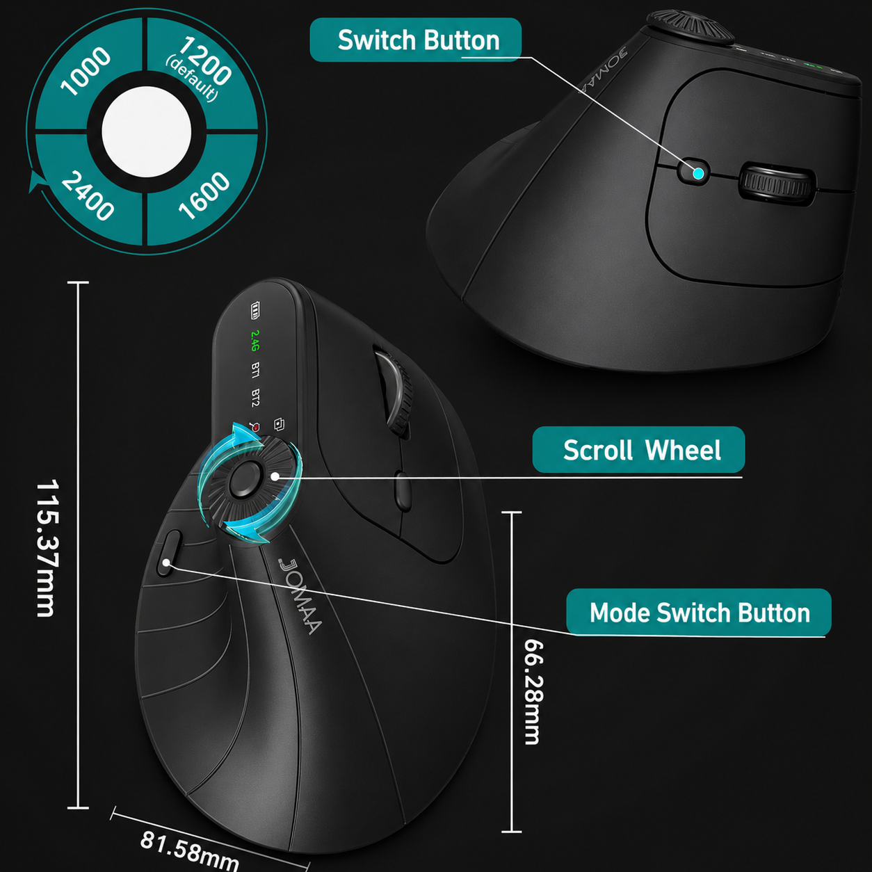 JOMAA Vertical Mouse Dimensions Layout